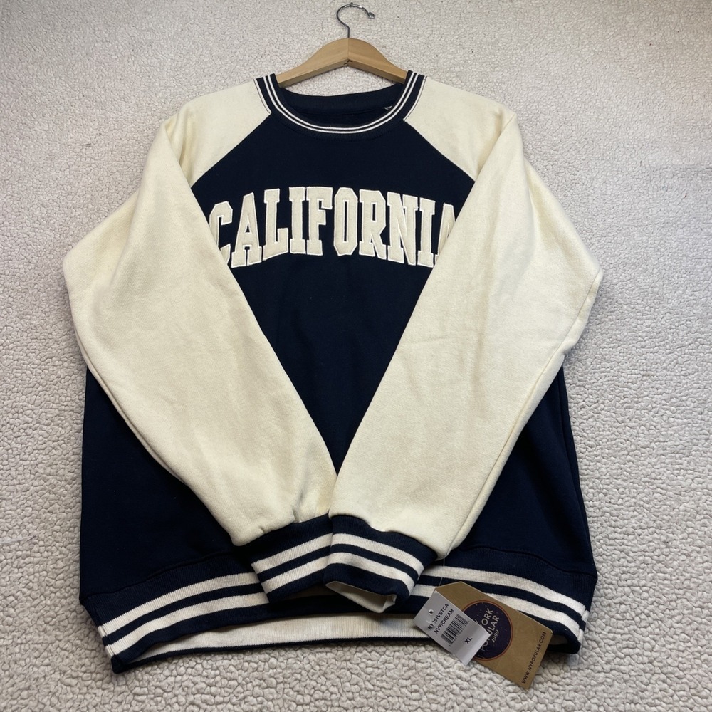 New York Popular Sweatshirt Mens XL Navy‎ Cream California Varsity Raglan Sleeve